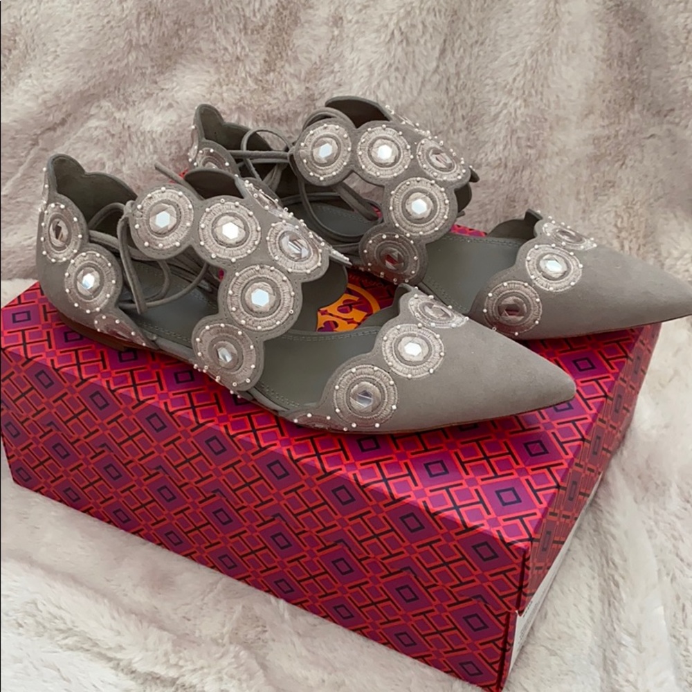 Tory Burch Yasmin embellished D'orsay flat in dust